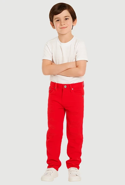 Little Boys Distressed Patch and Repair Jeans, Red, Size 6