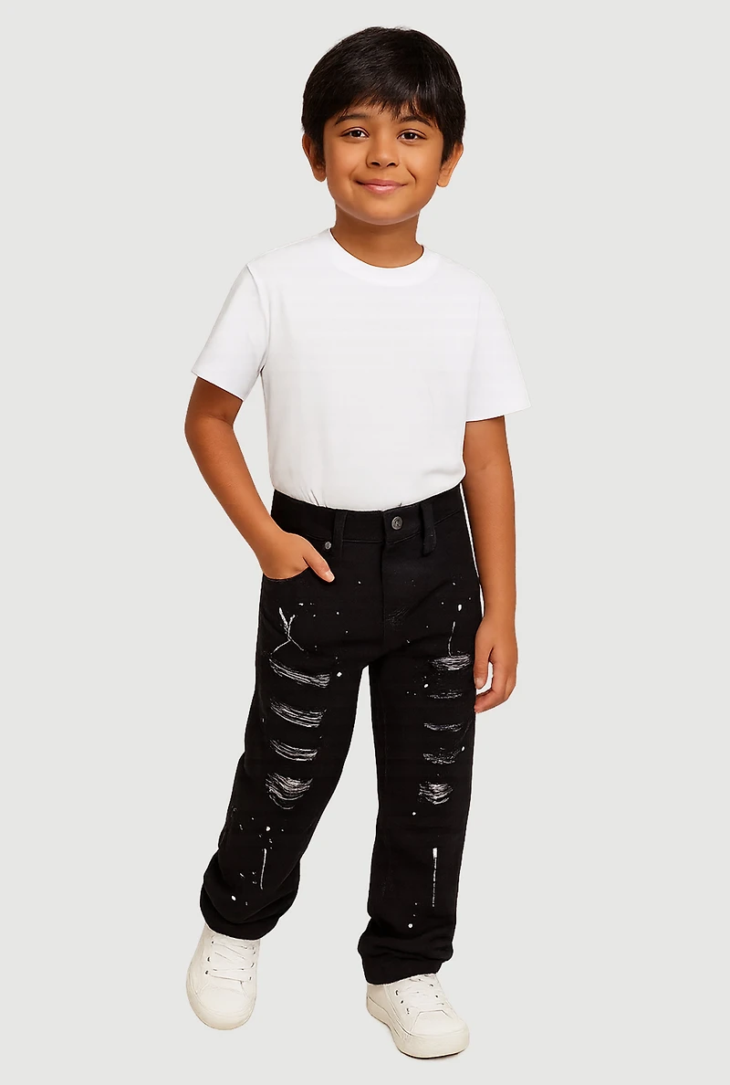 Little Boys Paint Splatter Patch and Repair Jeans, Black, Size 5