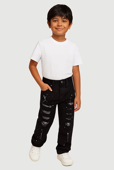 Little Boys Paint Splatter Patch and Repair Jeans, Black, Size 5