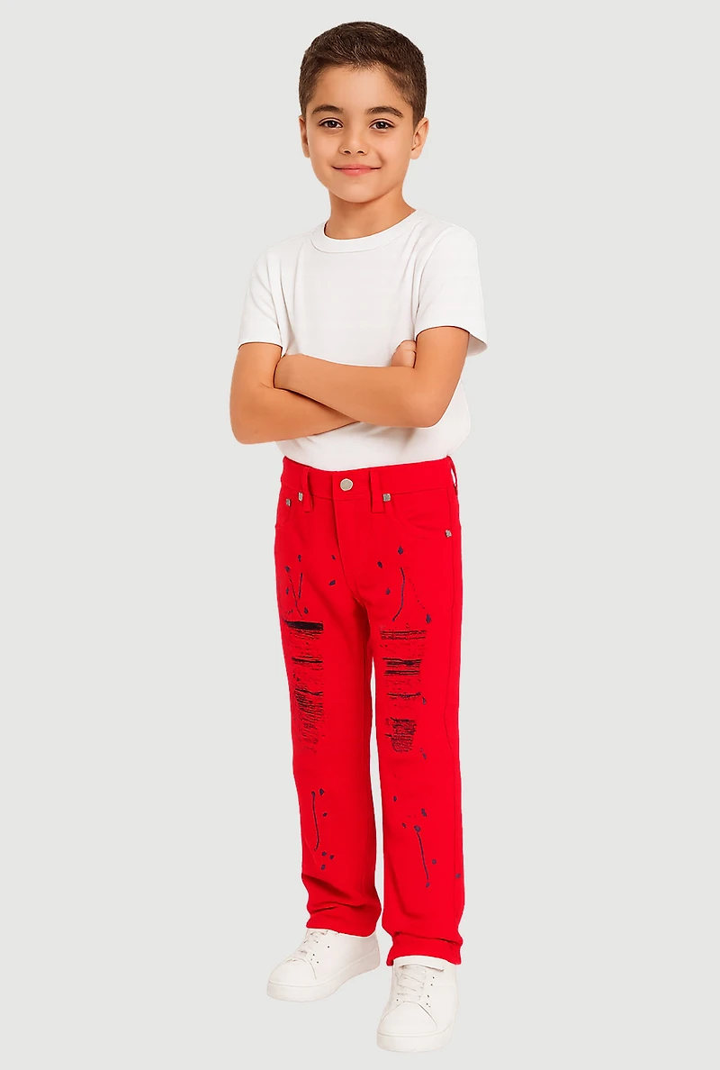 Little Boys Paint Splatter Frayed Patch and Repair Jeans, Red, Size 4