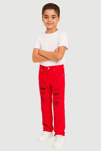 Little Boys Paint Splatter Frayed Patch and Repair Jeans, Red,