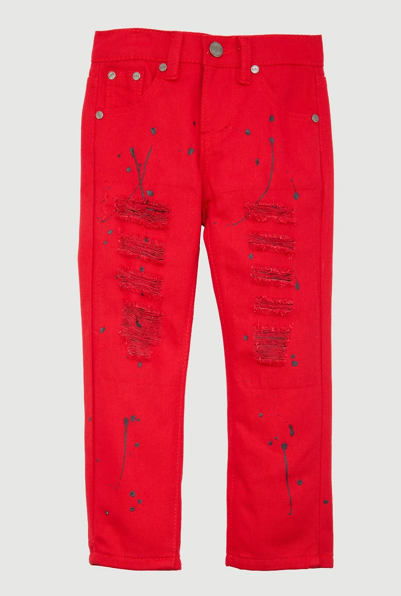 Little Boys Paint Splatter Frayed Patch and Repair Jeans, Red, Size 4