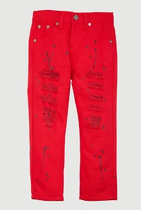 Little Boys Paint Splatter Frayed Patch and Repair Jeans, Red, Size 4