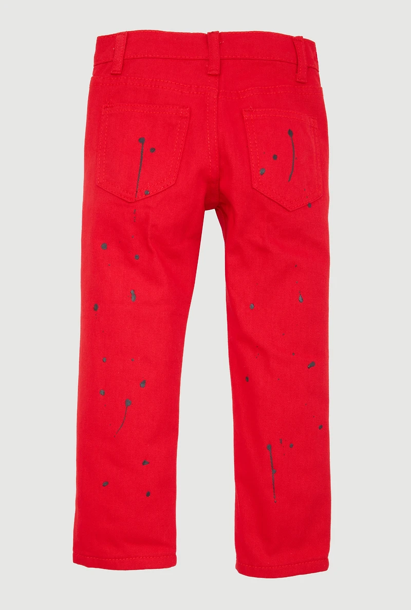 Little Boys Paint Splatter Frayed Patch and Repair Jeans, Red, Size 4