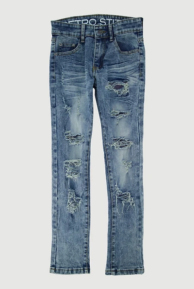 Boys Acid Wash Distressed Mid Rise Jeans, Blue,