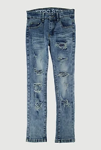 Boys Acid Wash Distressed Mid Rise Jeans, Blue,