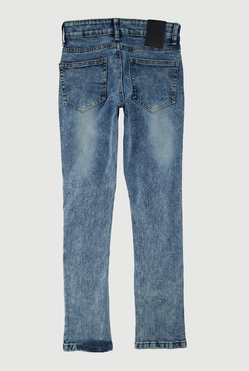 Boys Acid Wash Distressed Mid Rise Jeans, Blue, Size 14