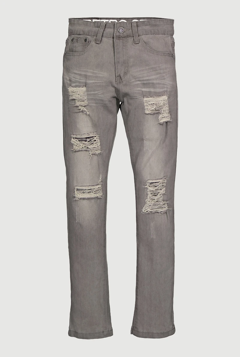 Boys Mid Rise Skinny Leg Distressed Stretch Jeans, Grey,