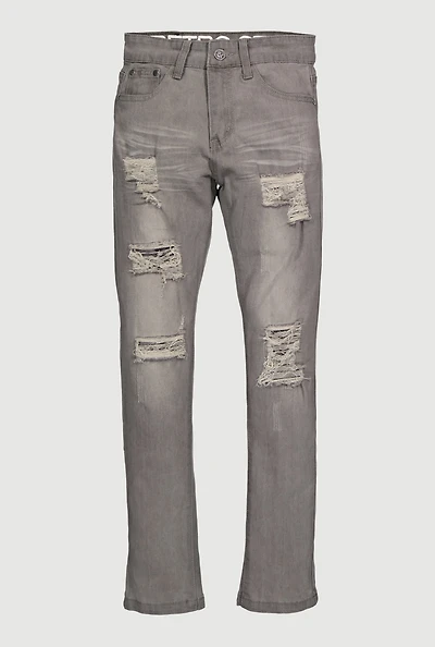 Boys Mid Rise Skinny Leg Distressed Stretch Jeans, Grey,