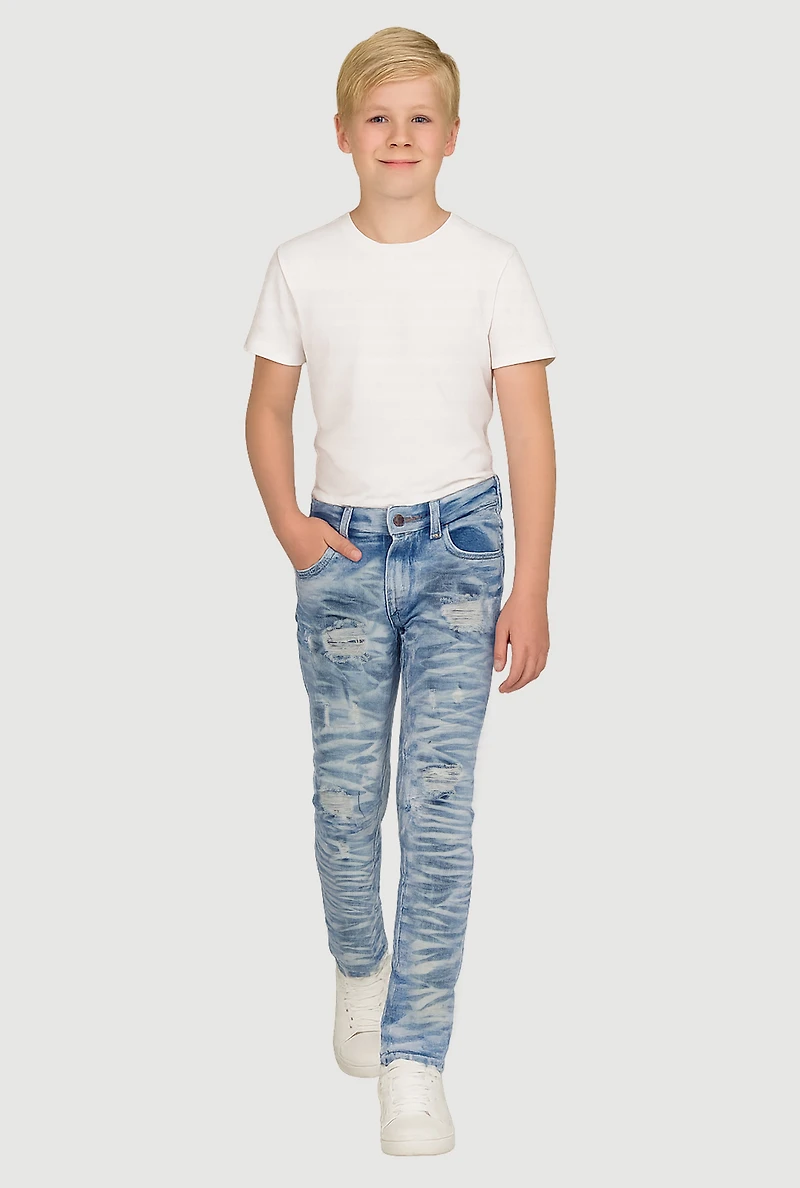 Boys Whiskered Distressed Skinny Leg Jeans, Blue, Size 14