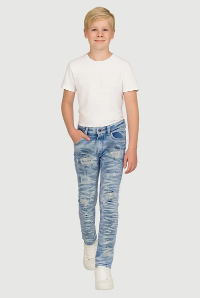 Boys Whiskered Distressed Skinny Leg Jeans, Blue, Size 14