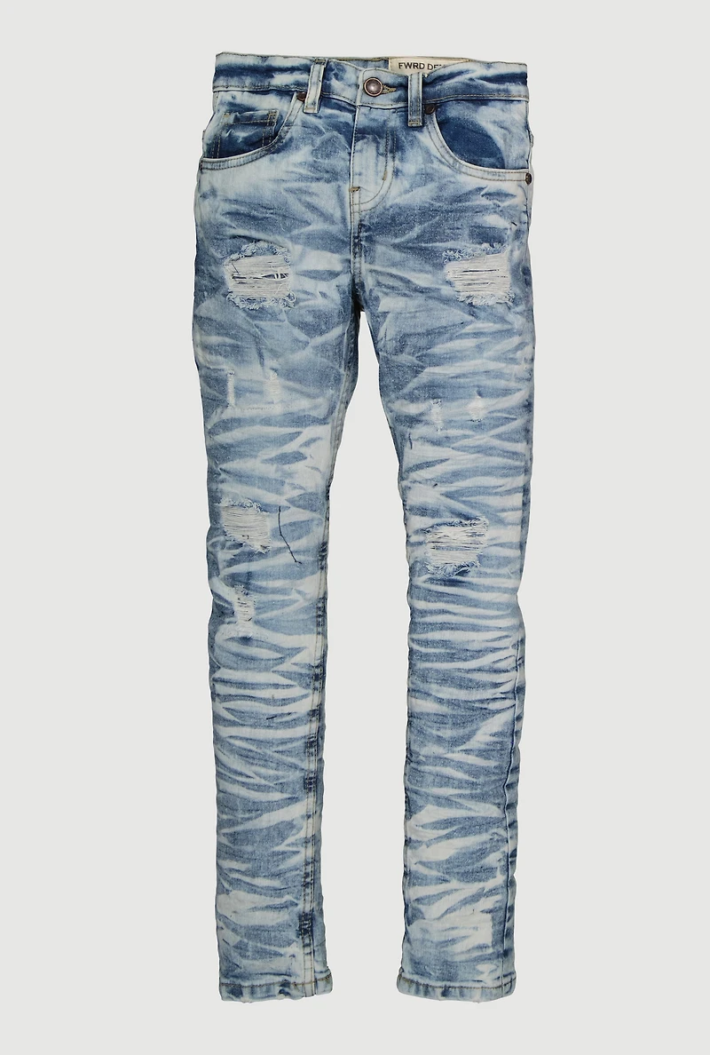 Boys Whiskered Distressed Skinny Leg Jeans, Blue, Size 14