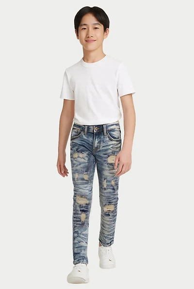 Boys Whiskered Distressed Skinny Jeans, Blue, Size 14