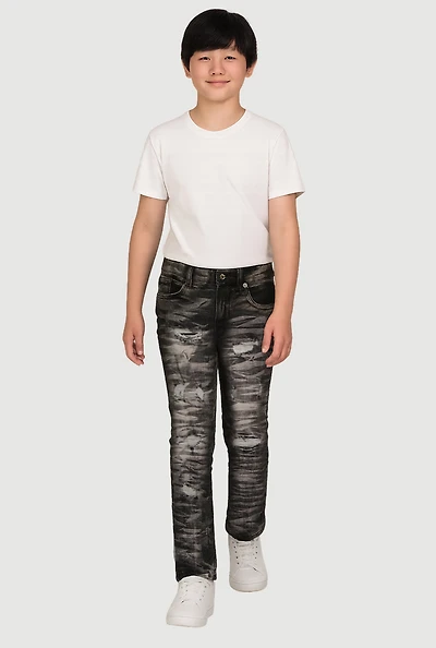 Boys Whiskered Skinny Leg Distressed Jeans, Black,