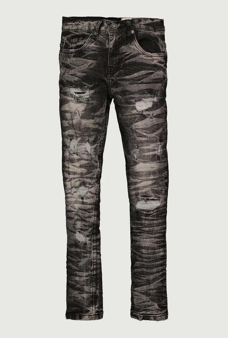 Boys Whiskered Skinny Leg Distressed Jeans, Black, Size 18