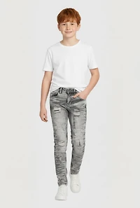 Boys Slim Leg Acid Wash Patch and Repair Whiskered Jeans, Grey, Size 20