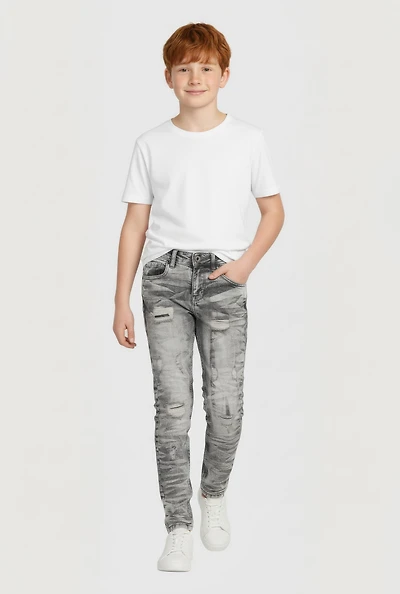 Boys Slim Leg Acid Wash Patch and Repair Whiskered Jeans