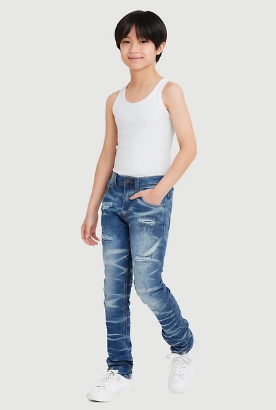 Boys Distressed Whiskered and Repair Skinny Jeans, Blue,