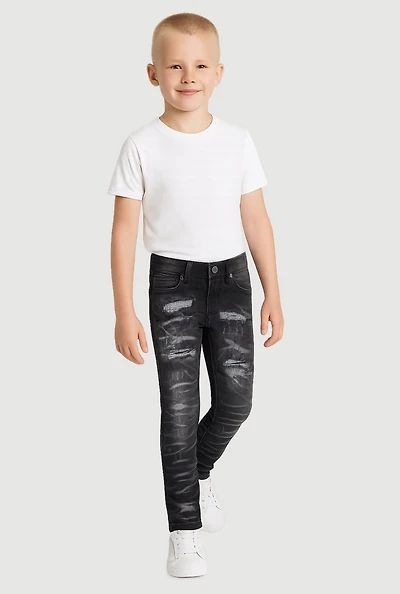 Boys Whiskered Distress and Repair Skinny Jeans, Black,