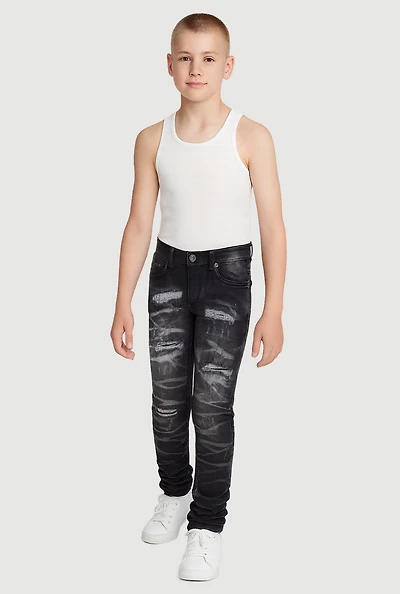 Boys Whiskered Distress and Repair Skinny Jeans, Black, Size 18