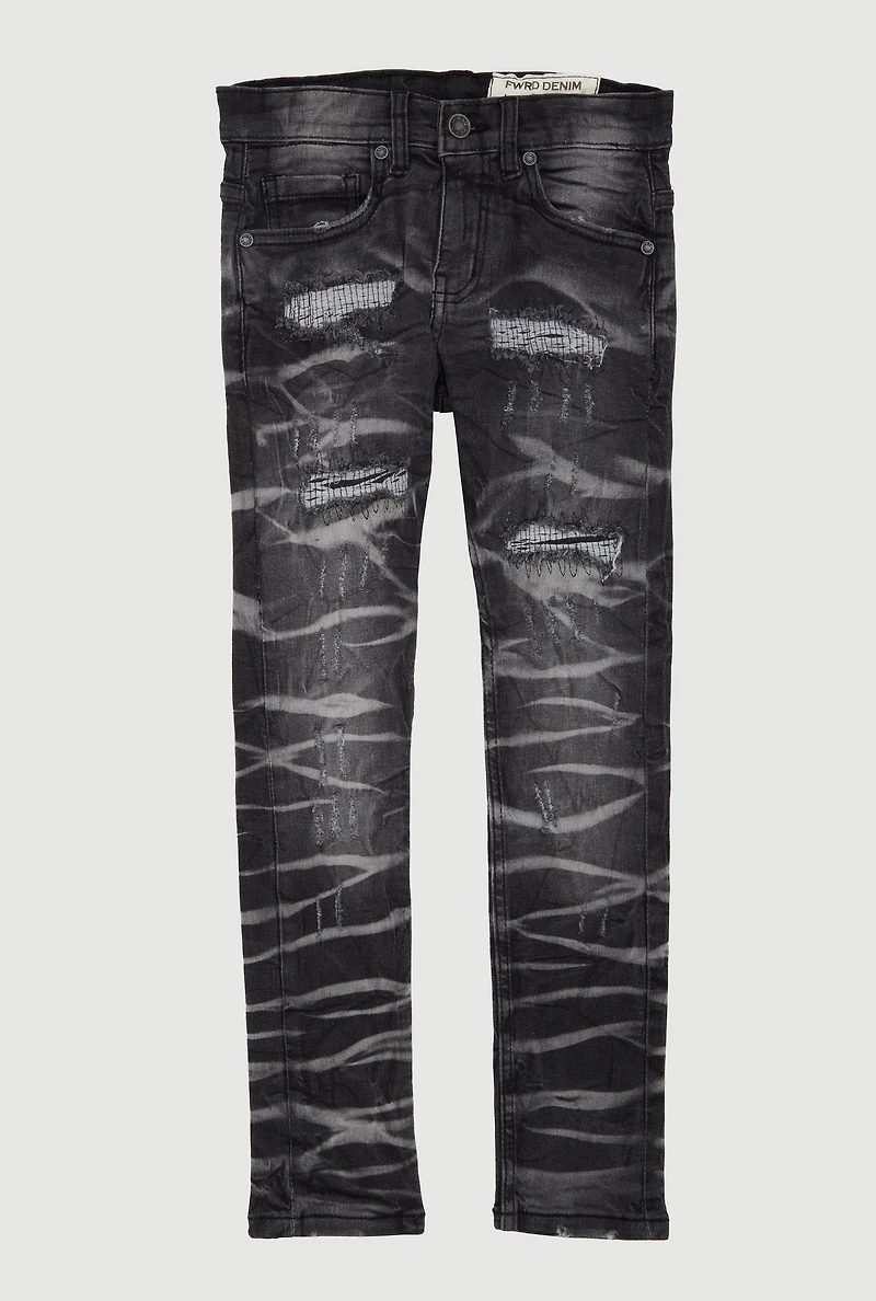 Boys Whiskered Distress and Repair Skinny Jeans, Black,