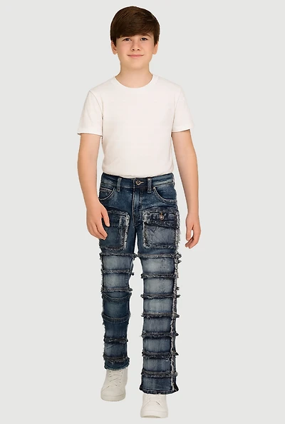 Boys Frayed Distressed Tiered Jeans, Blue, Size 10