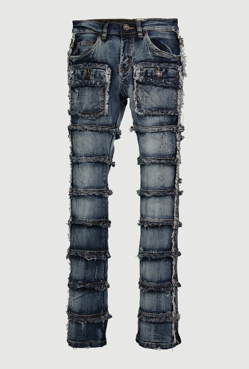 Boys Frayed Distressed Tiered Jeans, Blue, Size 16