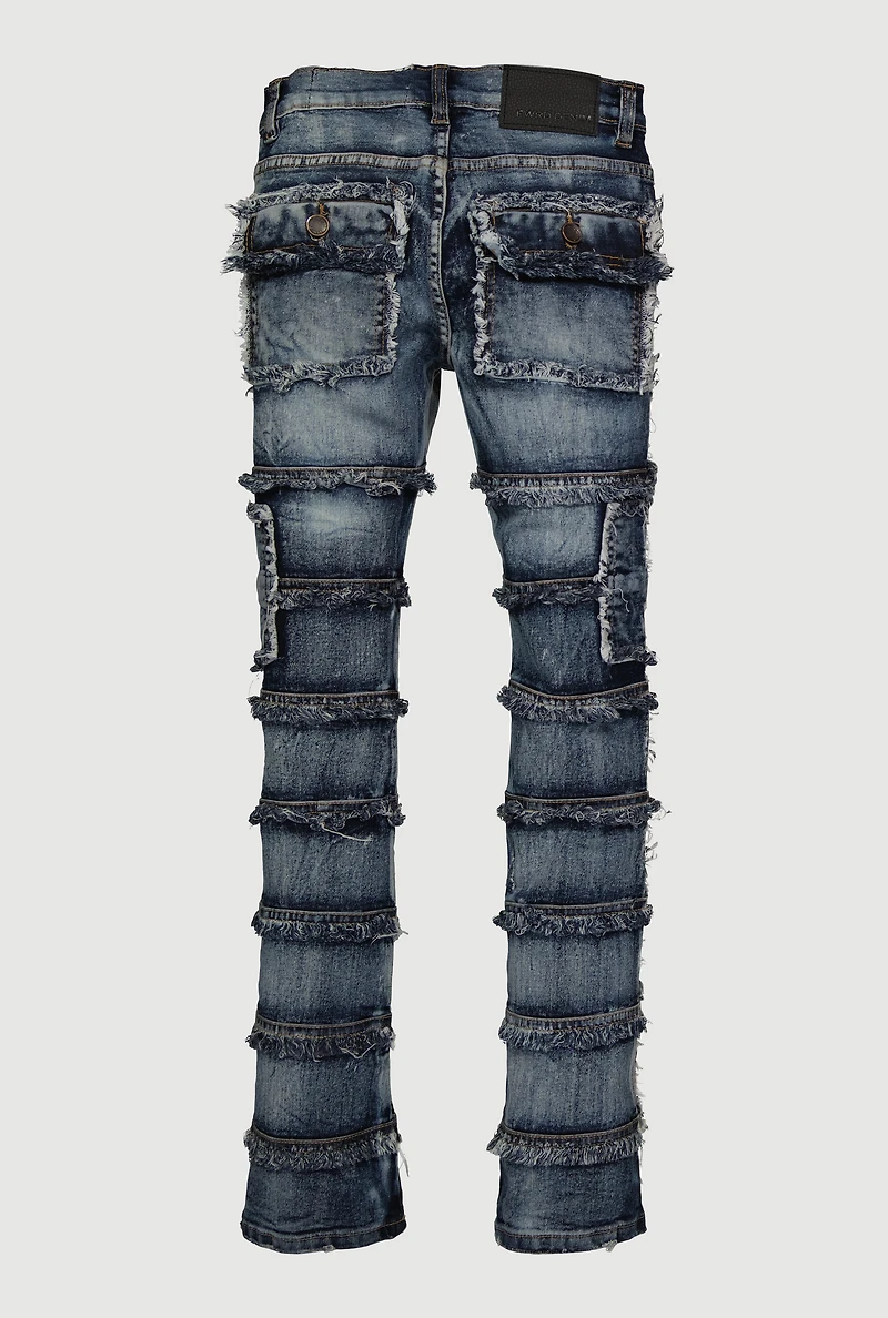 Boys Frayed Distressed Tiered Jeans, Blue, Size 16