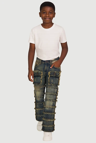 Boys Distressed Frayed Tiered Jeans, Blue,