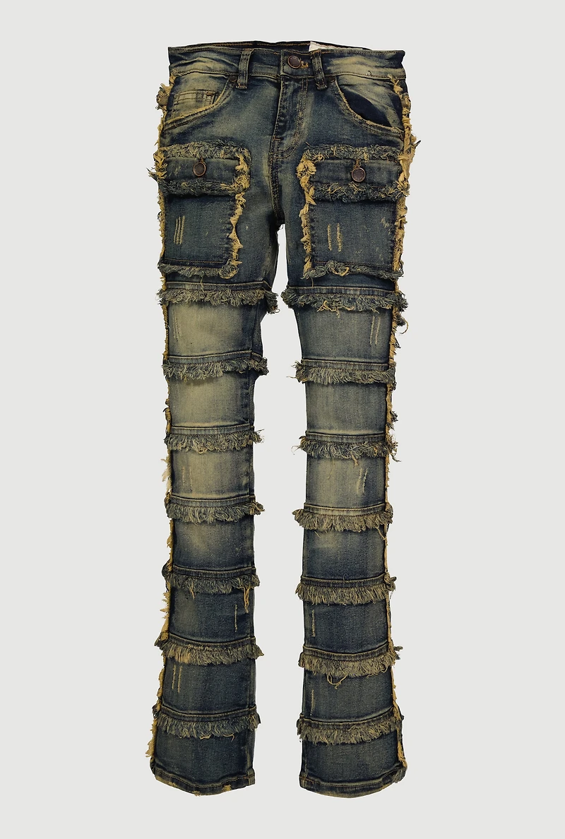 Boys Distressed Frayed Tiered Jeans, Blue, Size 10