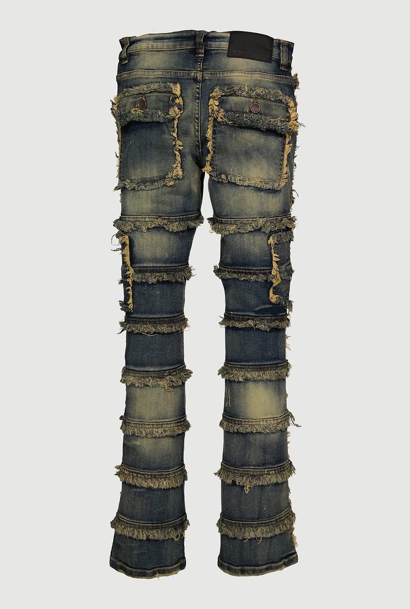 Boys Distressed Frayed Tiered Jeans, Blue, Size 10