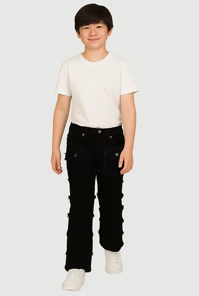 Boys Solid Distressed Frayed Tiered Jeans, Black,