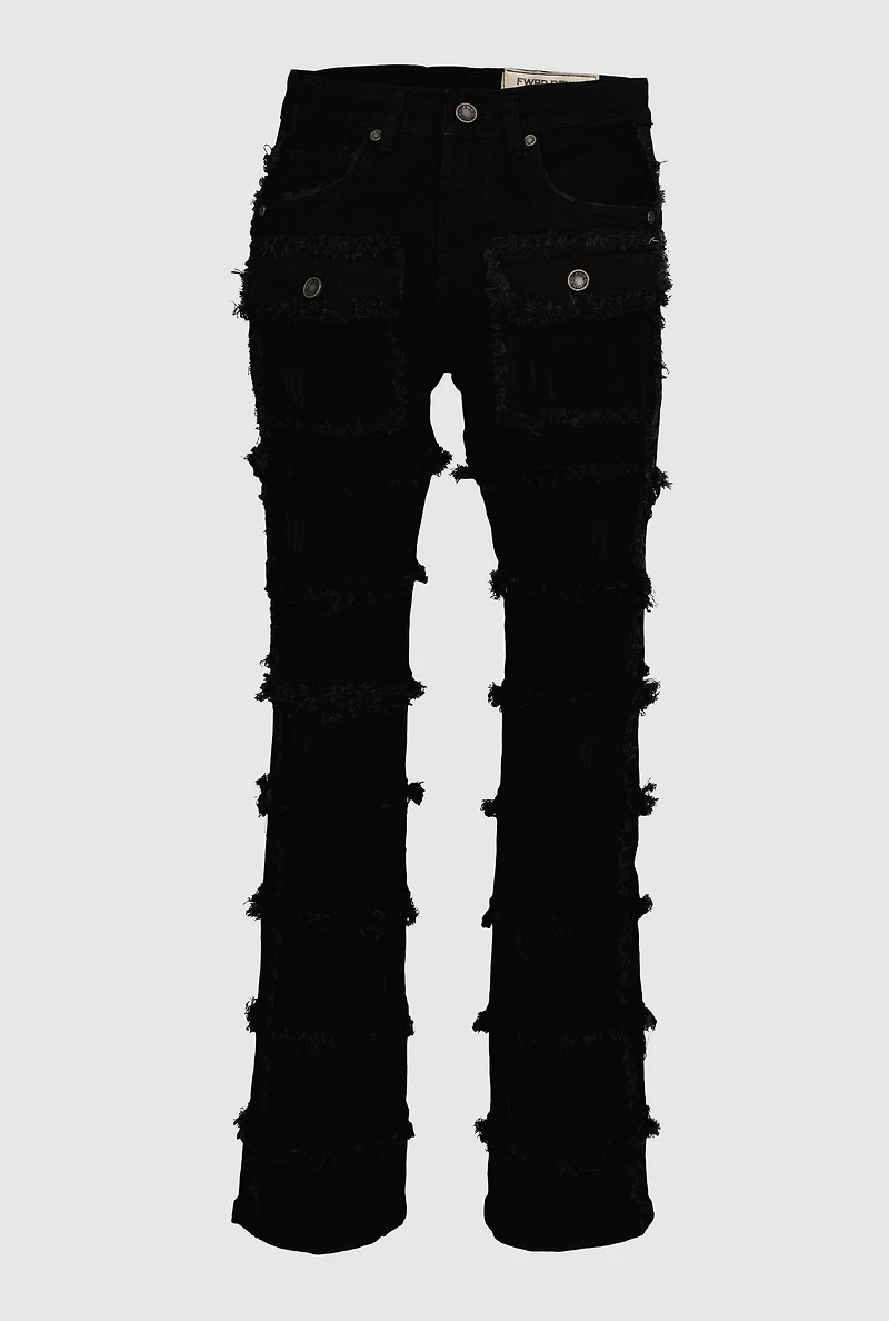 Boys Solid Distressed Frayed Tiered Jeans, Black, Size 12