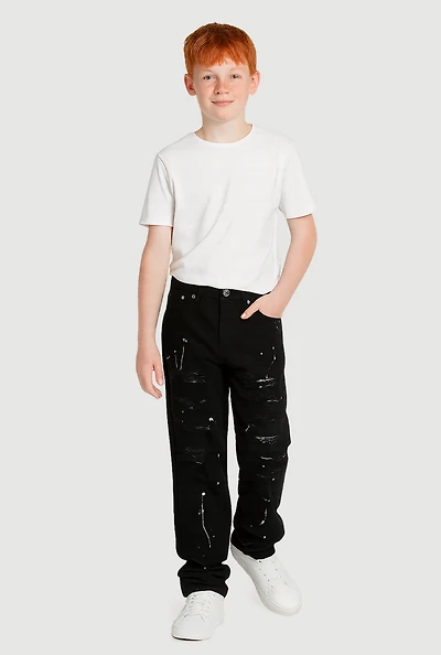 Boys Mid Rise Distressed Jeans with Paint Splatter, Black, Size 8