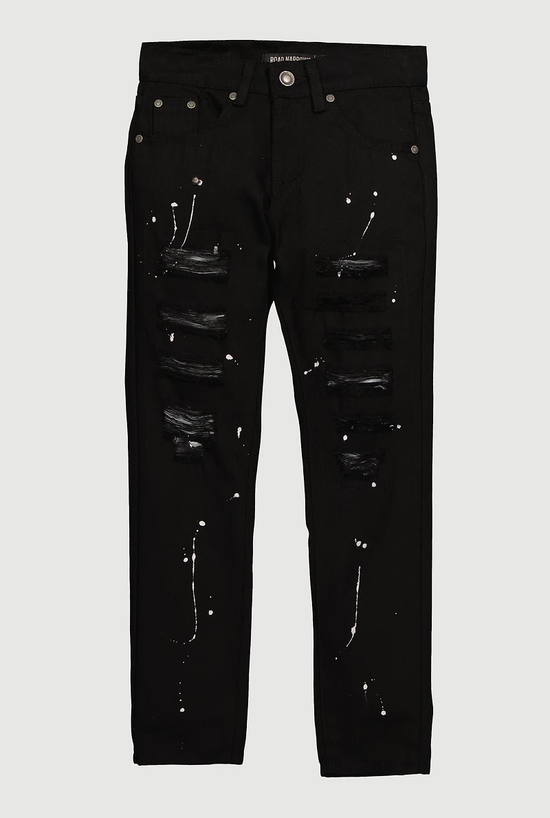 Boys Mid Rise Distressed Jeans with Paint Splatter, Black,
