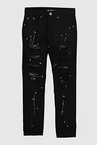 Boys Mid Rise Distressed Jeans with Paint Splatter, Black,