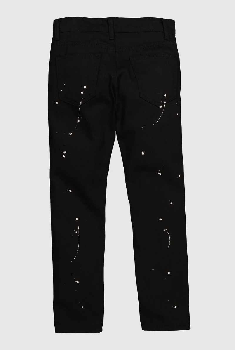 Boys Mid Rise Distressed Jeans with Paint Splatter, Black,