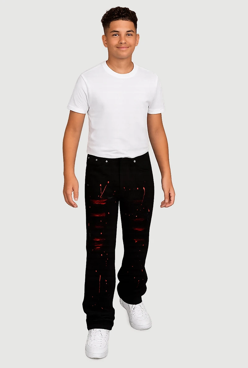 Boys Distressed Jeans with Paint Splatter, Black, Size 14
