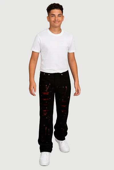 Boys Distressed Jeans with Paint Splatter, Black,