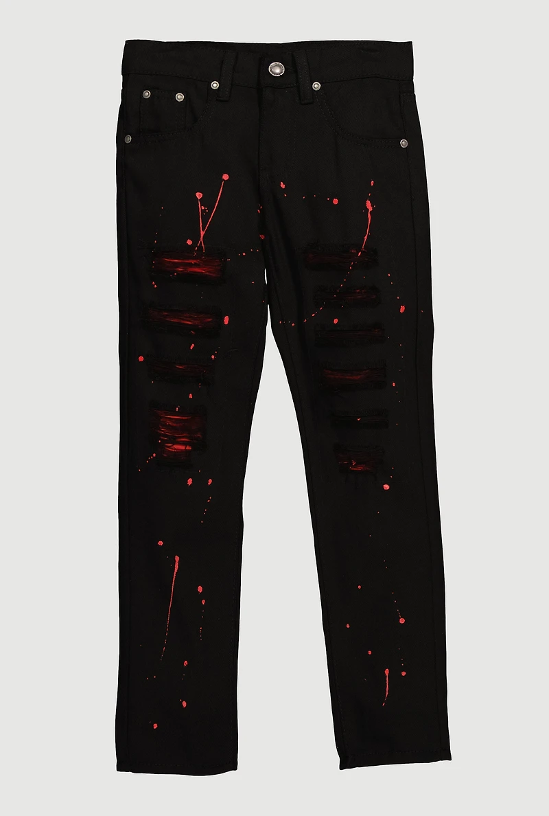 Boys Distressed Jeans with Paint Splatter, Black, Size 14