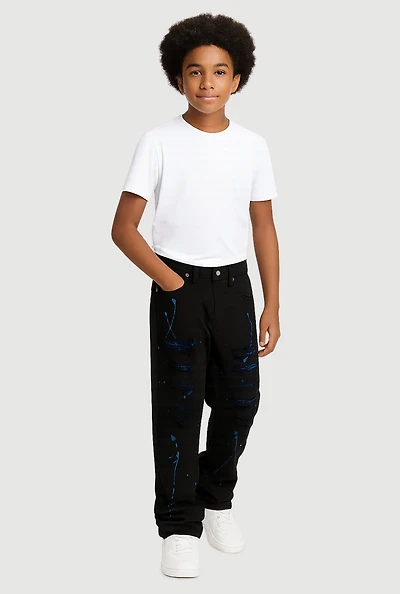 Boys Distressed Jeans with Paint Splatter Print, Black, Size 10