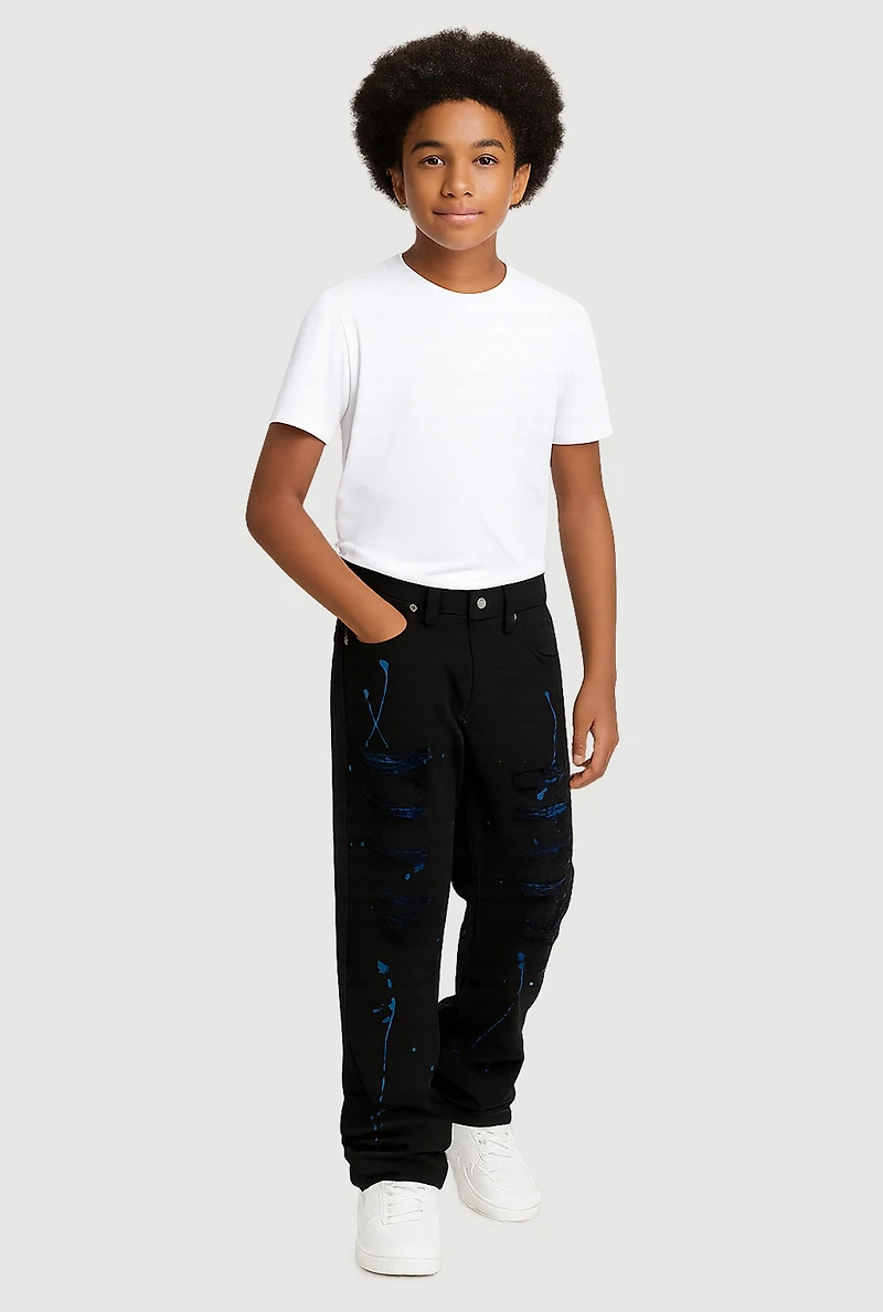 Boys Distressed Jeans with Paint Splatter Print, Black,