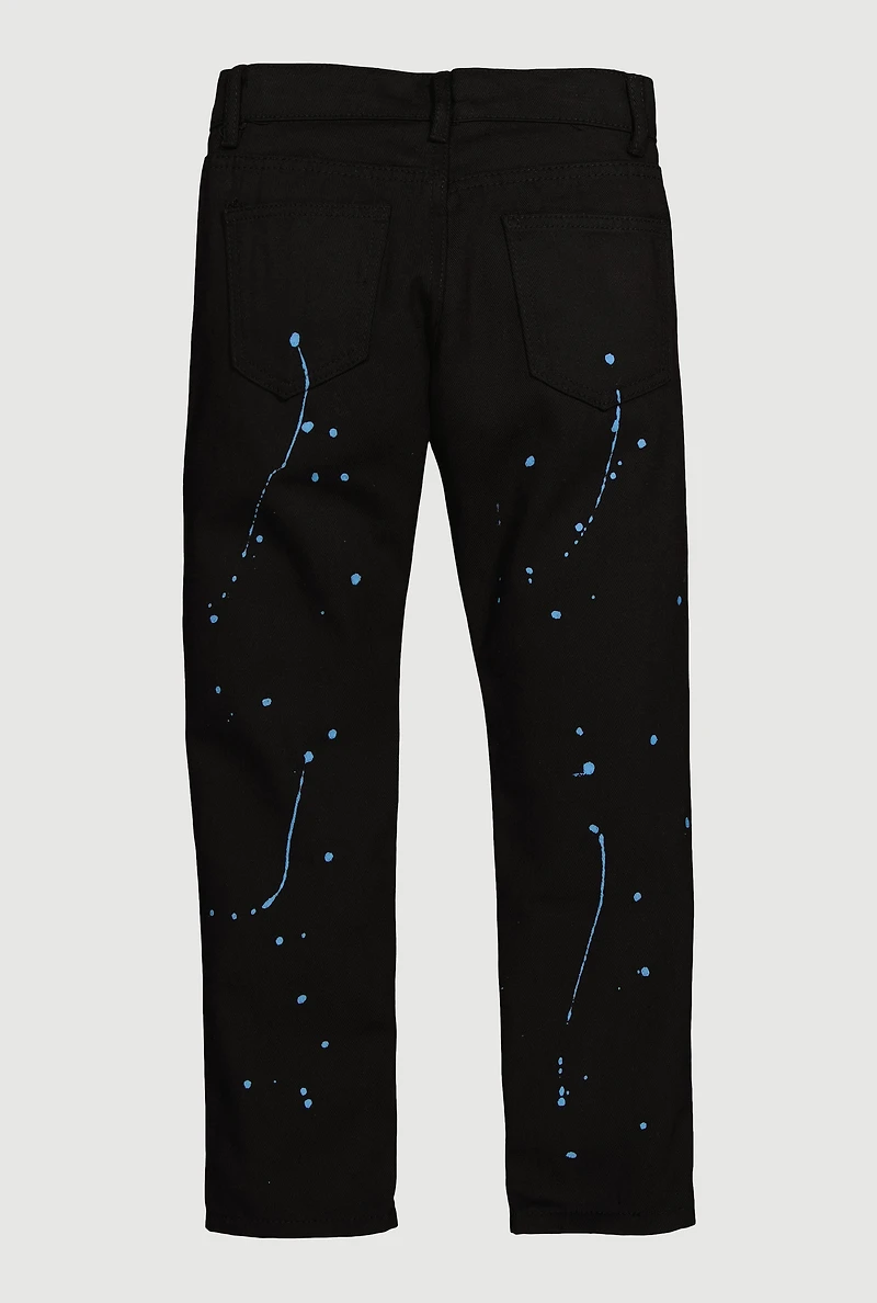 Boys Distressed Jeans with Paint Splatter Print, Black,