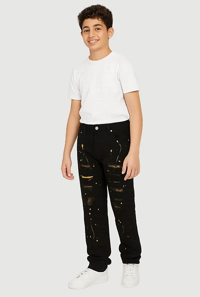 Boys Distressed Straight Leg Jeans with Paint Splatter, Black,