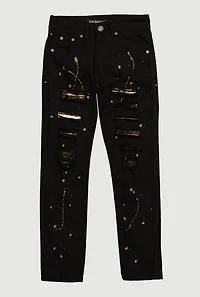 Boys Distressed Straight Leg Jeans with Paint Splatter, Black, Size 10
