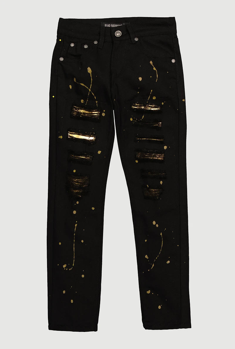 Boys Distressed Straight Leg Jeans with Paint Splatter, Black, Size 18