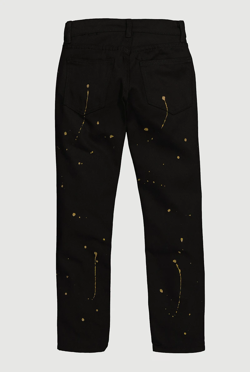 Boys Distressed Straight Leg Jeans with Paint Splatter, Black, Size 18
