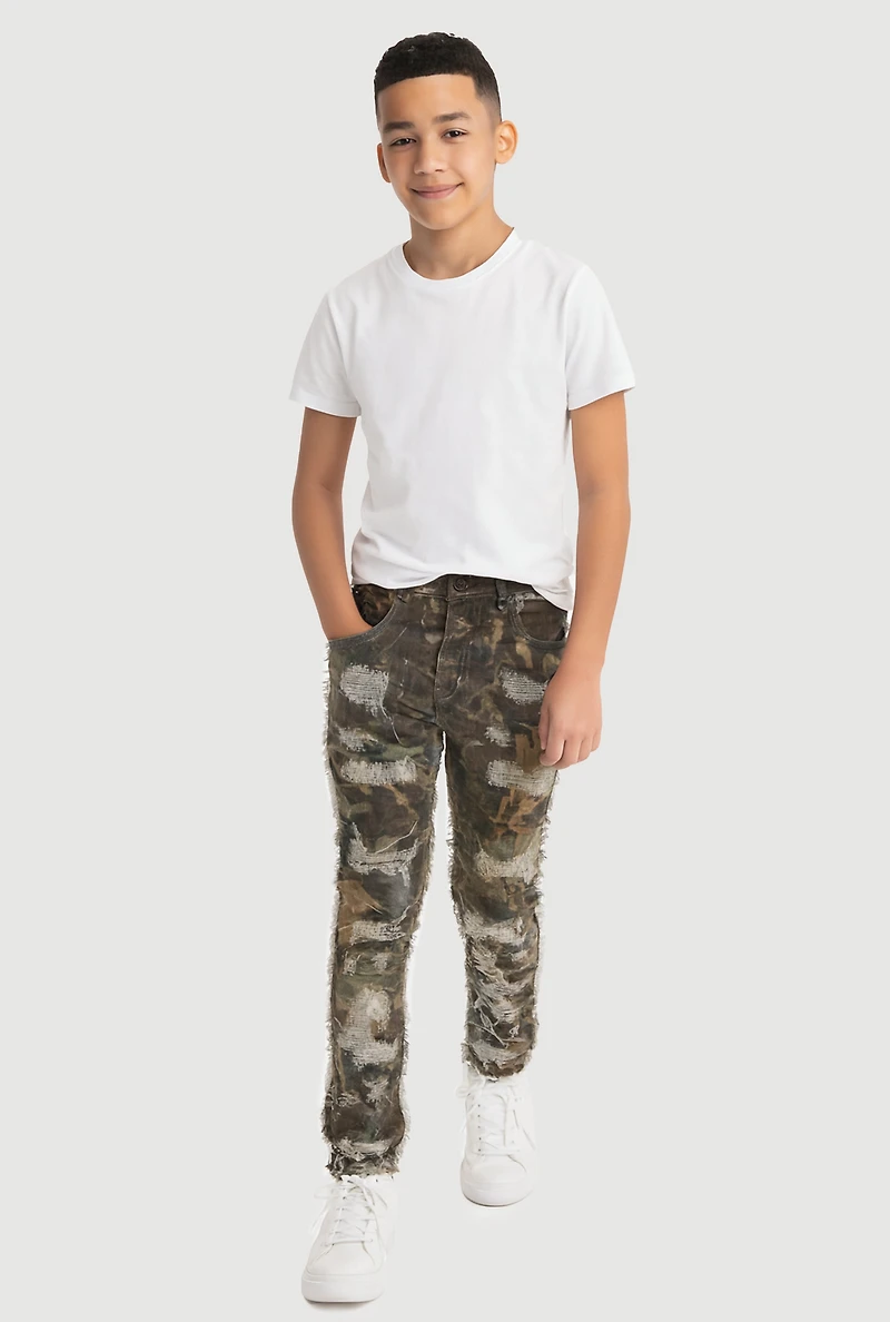 Boys Camo Frayed Patch and Repair Skinny Jeans, Green,