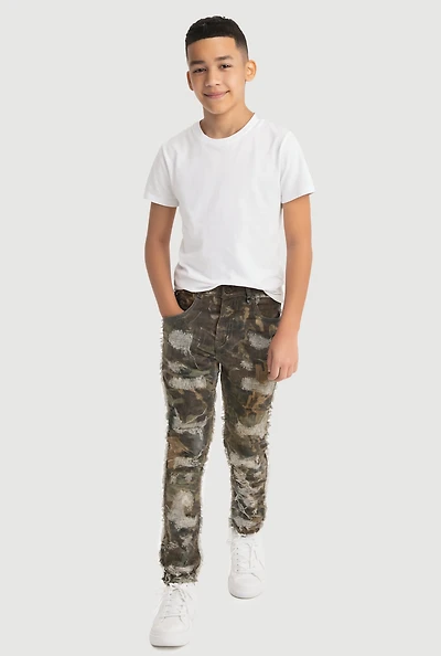 Boys Camo Frayed Patch and Repair Skinny Jeans