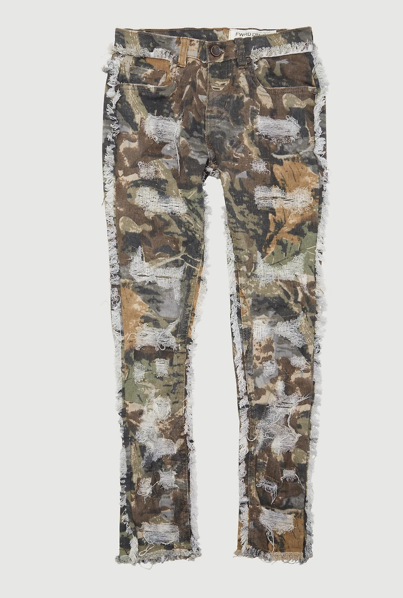 Boys Camo Frayed Patch and Repair Skinny Jeans, Green, Size 10